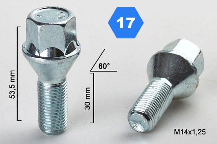 M14x1,25 Wielbout conisch, Draadlengte 30mm, SW 17